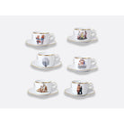 Bernardaud Gift box set of 6 tea cups 3 oz and saucers, Limoges porcelain, Banality Series - Jeff Koons collection, on a white background