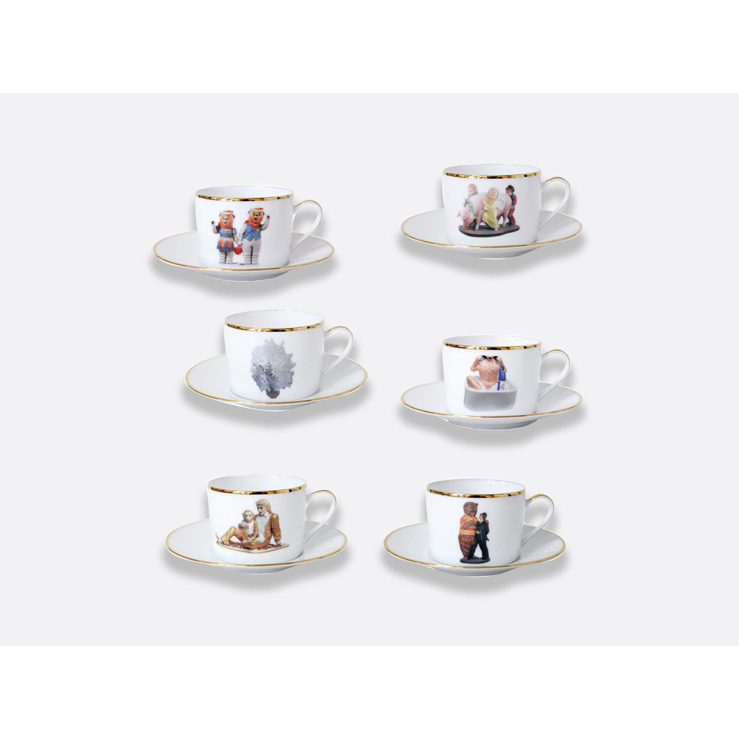 Bernardaud Gift box set of 6 tea cups 3 oz and saucers, Limoges porcelain, Banality Series - Jeff Koons collection, on a white background