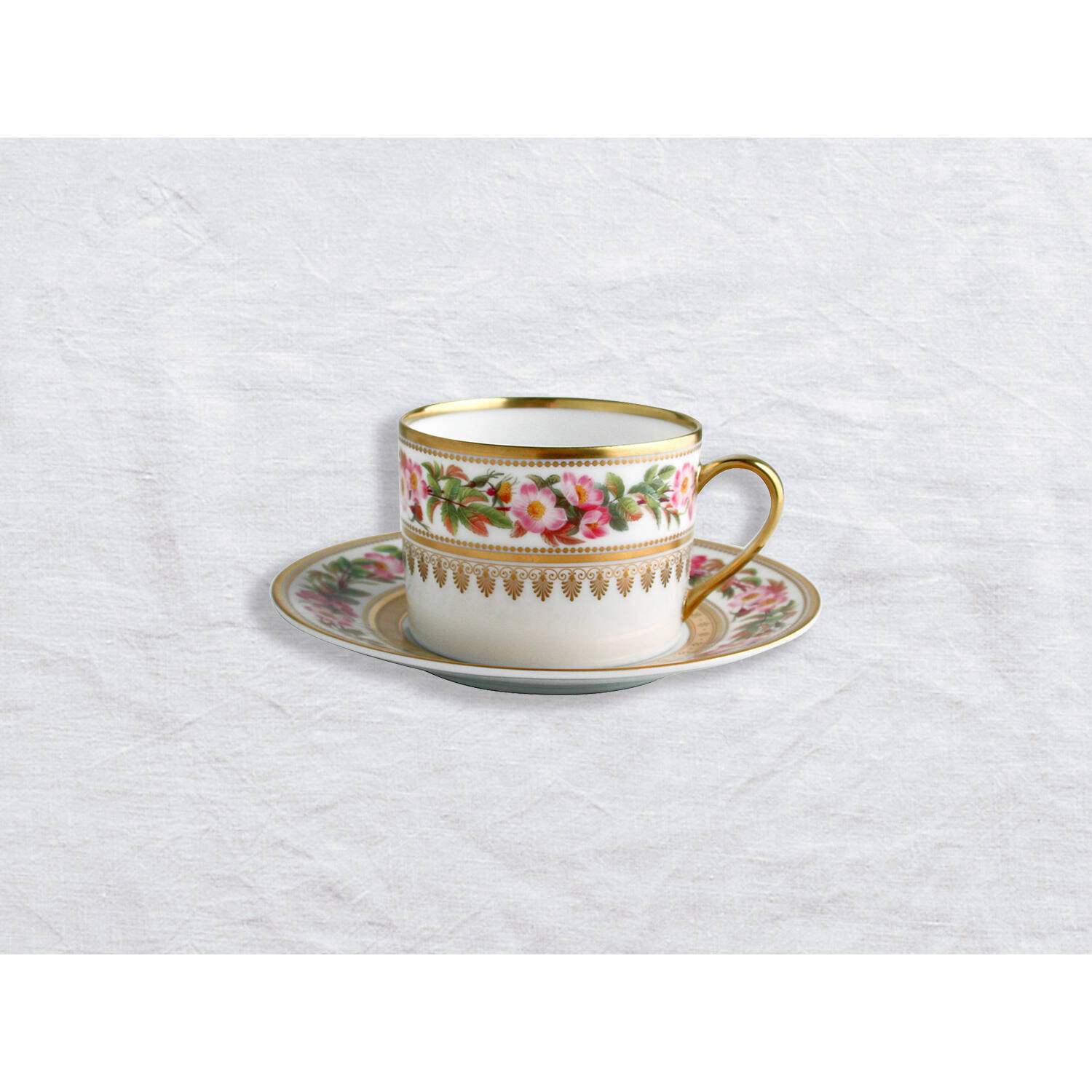 Bernardaud Tea cup and saucer, Limoges porcelain, Botanique collection, on a white background