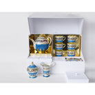 Bernardaud Large tea gift case (teapot, creamer, sugar bowl, 6 tea cups and saucers), Limoges porcelain, Catherine II collection, on a white background