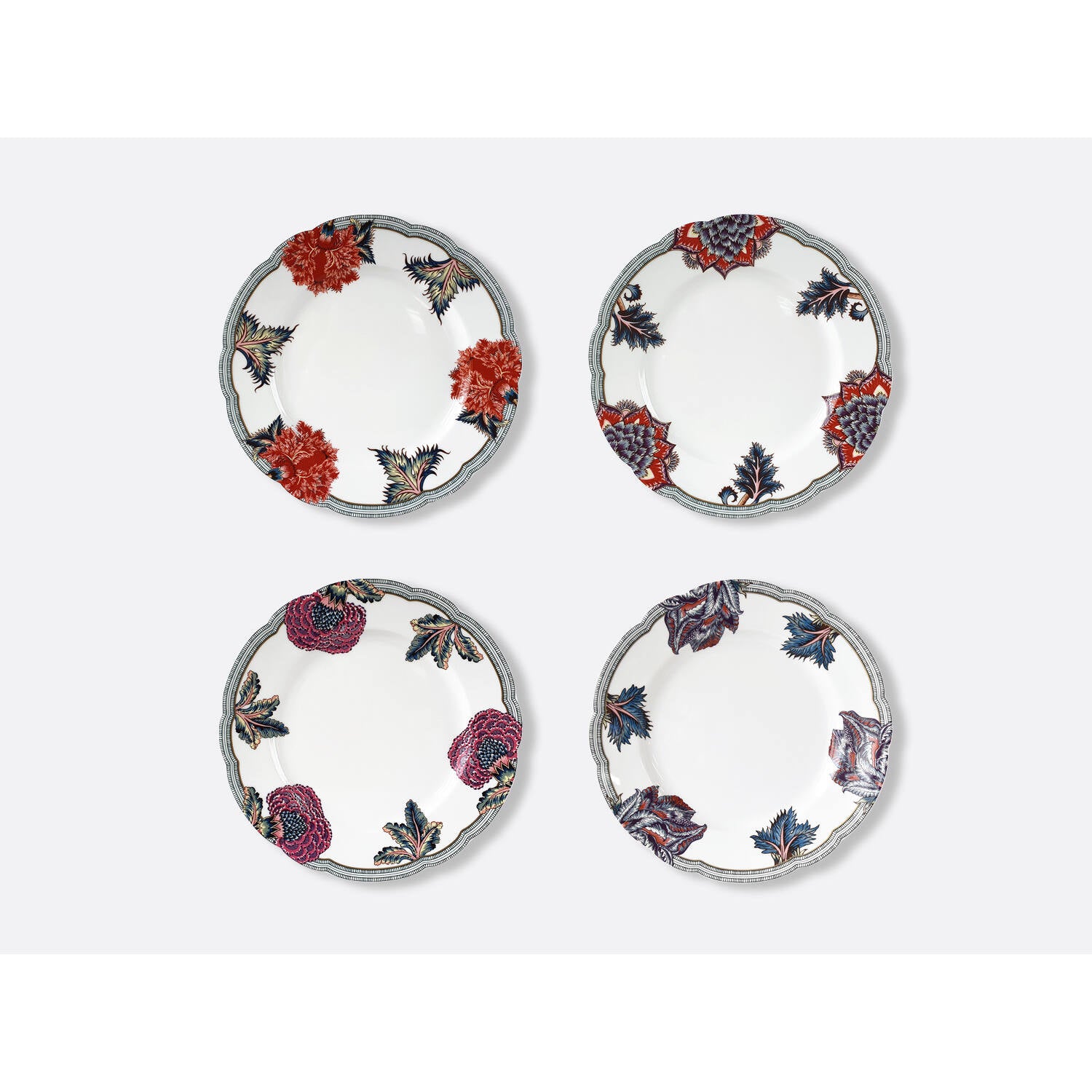 Bernardaud Set of 4 assorted dinner plates 10.6", Limoges porcelain, Collection Braquenié collection, on a white background