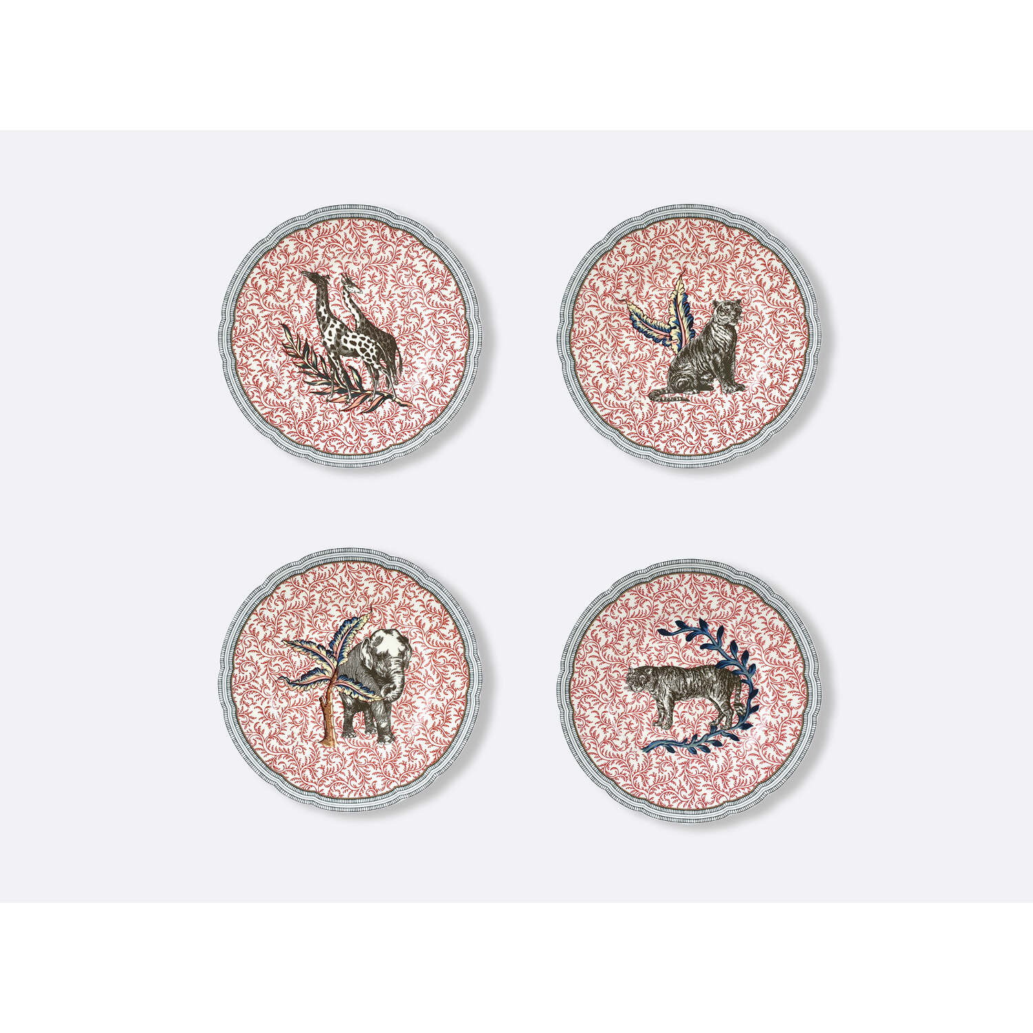 Bernardaud Set of 4 assorted salad plates 8.5", Limoges porcelain, Collection Braquenié collection, on a white background
