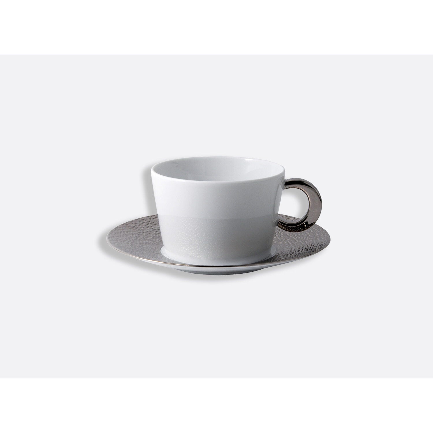 Bernardaud Breakfast cup and saucer 9 oz, Limoges porcelain, Ecume Platine collection, on a white background