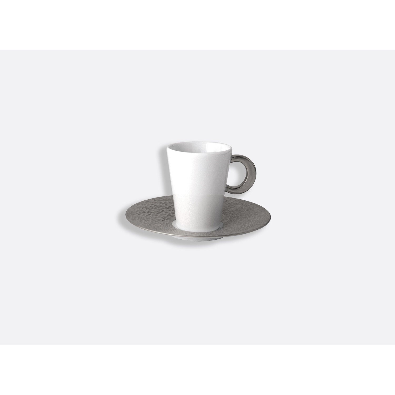Bernardaud Espresso cup and saucer 2 oz, Limoges porcelain, Ecume Platine collection, on a white background