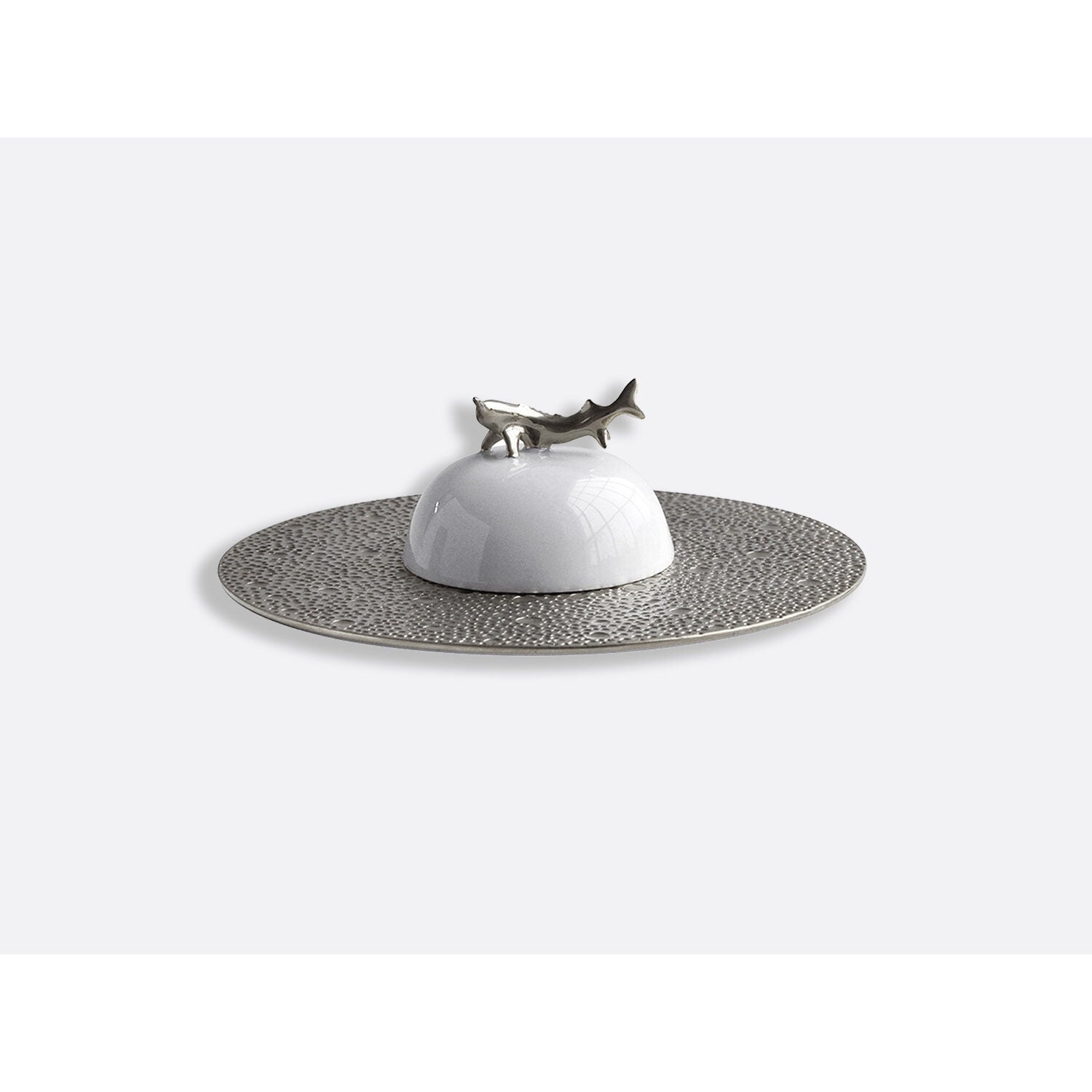 Bernardaud Gift box set of caviar plate and bell covert, Limoges porcelain, Ecume Platine collection, on a white background