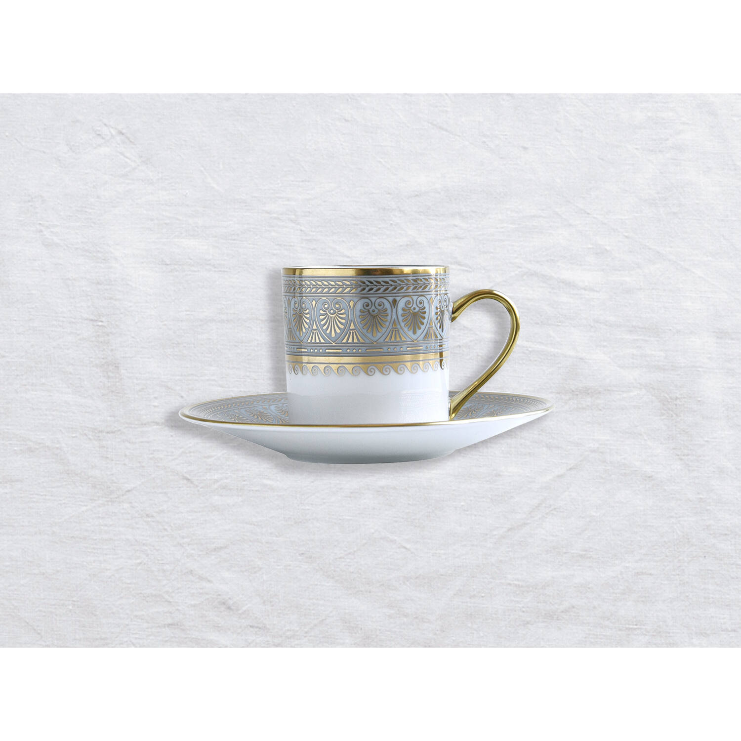 Bernardaud Espresso cup and saucer, Limoges porcelain, Elysee collection, on a white background