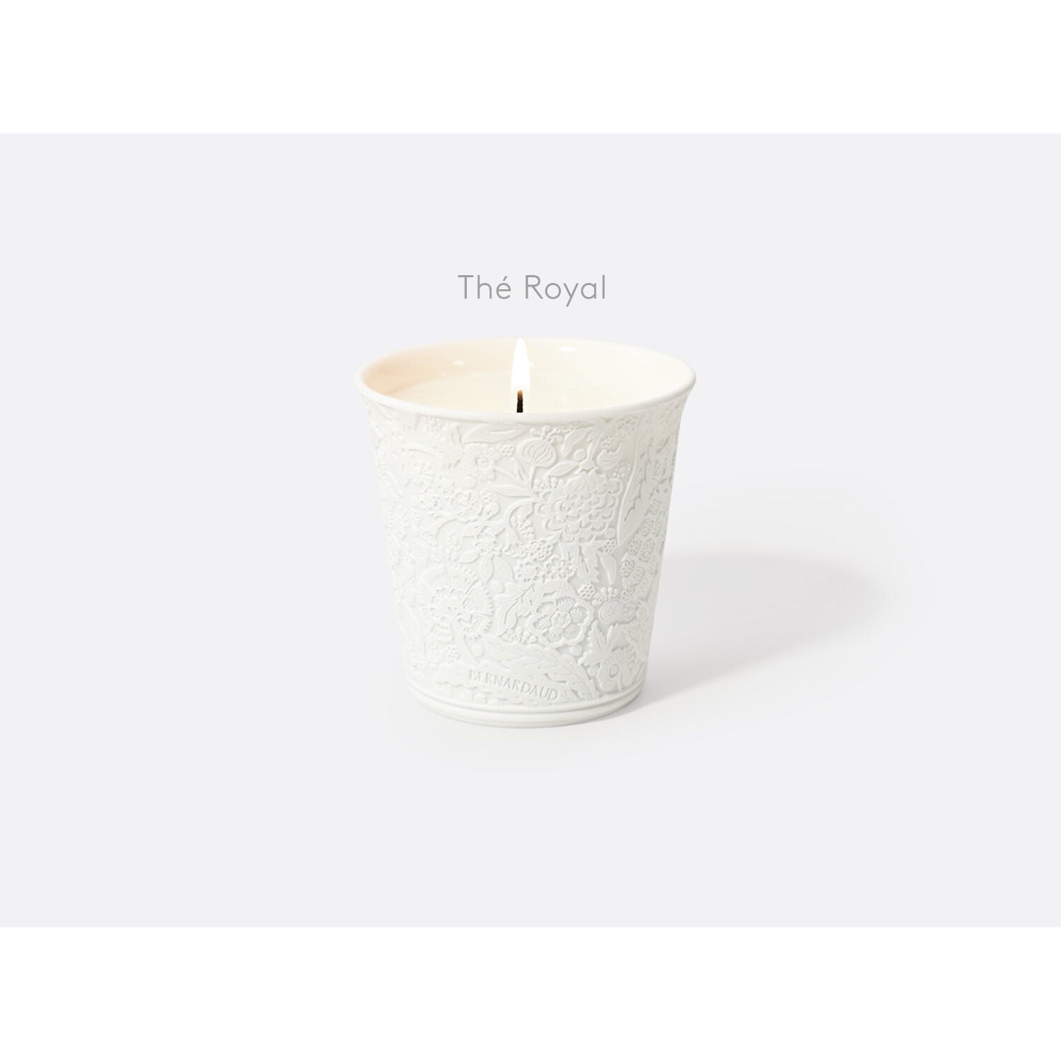 Bernardaud "Thé Royal" refillable candle tumbler in engraved bisque porcelain 7 oz, Limoges porcelain, Home Fragrances collection, on a white background