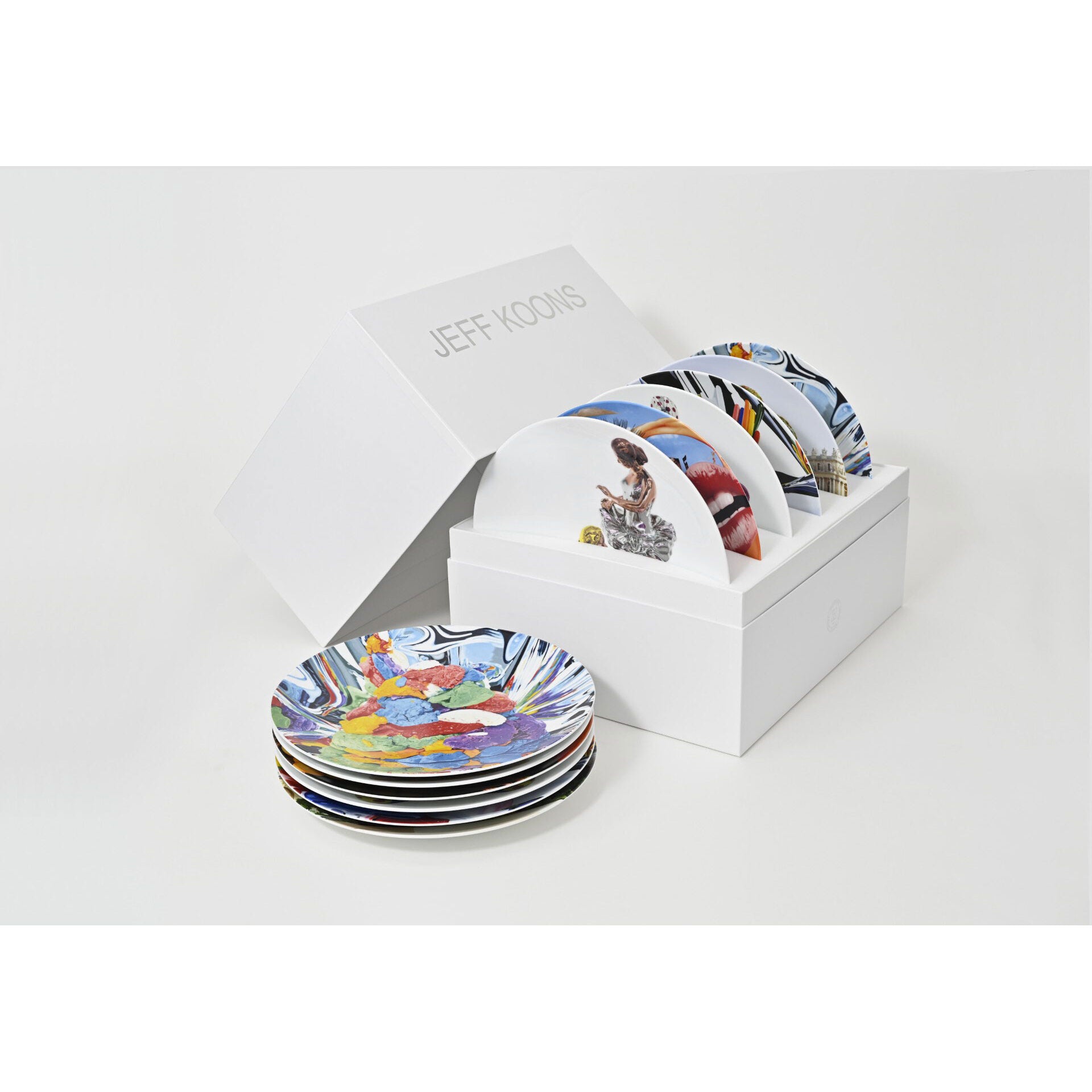 Bernardaud Set of 6 assorted coupe plates 12.2", Limoges porcelain, Jeff Koons collection, on a white background
