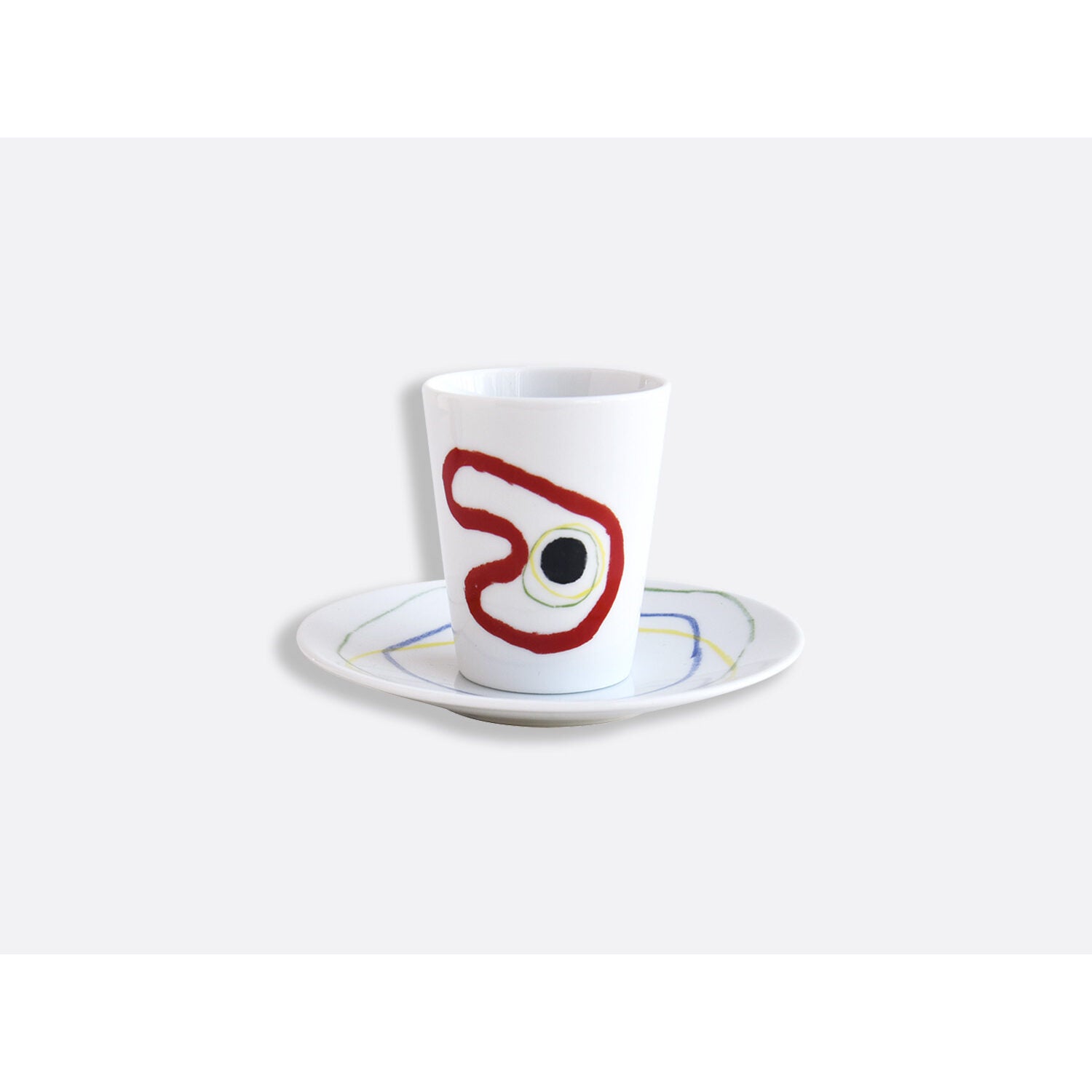 Bernardaud Set of 2 assorted cups and saucers 2.4 oz, Limoges porcelain, Joan Miró collection, detail view