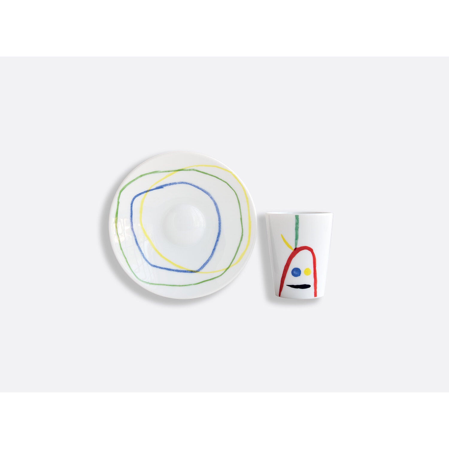 Bernardaud Set of 2 assorted cups and saucers 2.4 oz, Limoges porcelain, Joan Miró collection, detail view