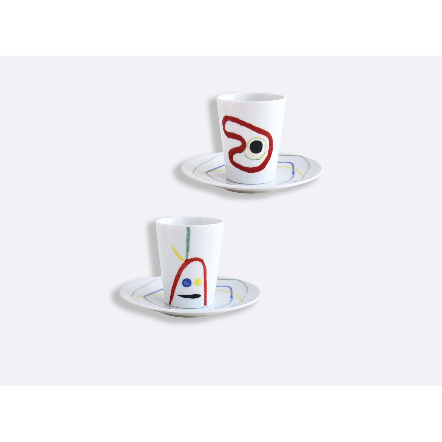 Bernardaud Set of 2 assorted cups and saucers 2.4 oz, Limoges porcelain, Joan Miró collection, on a white background