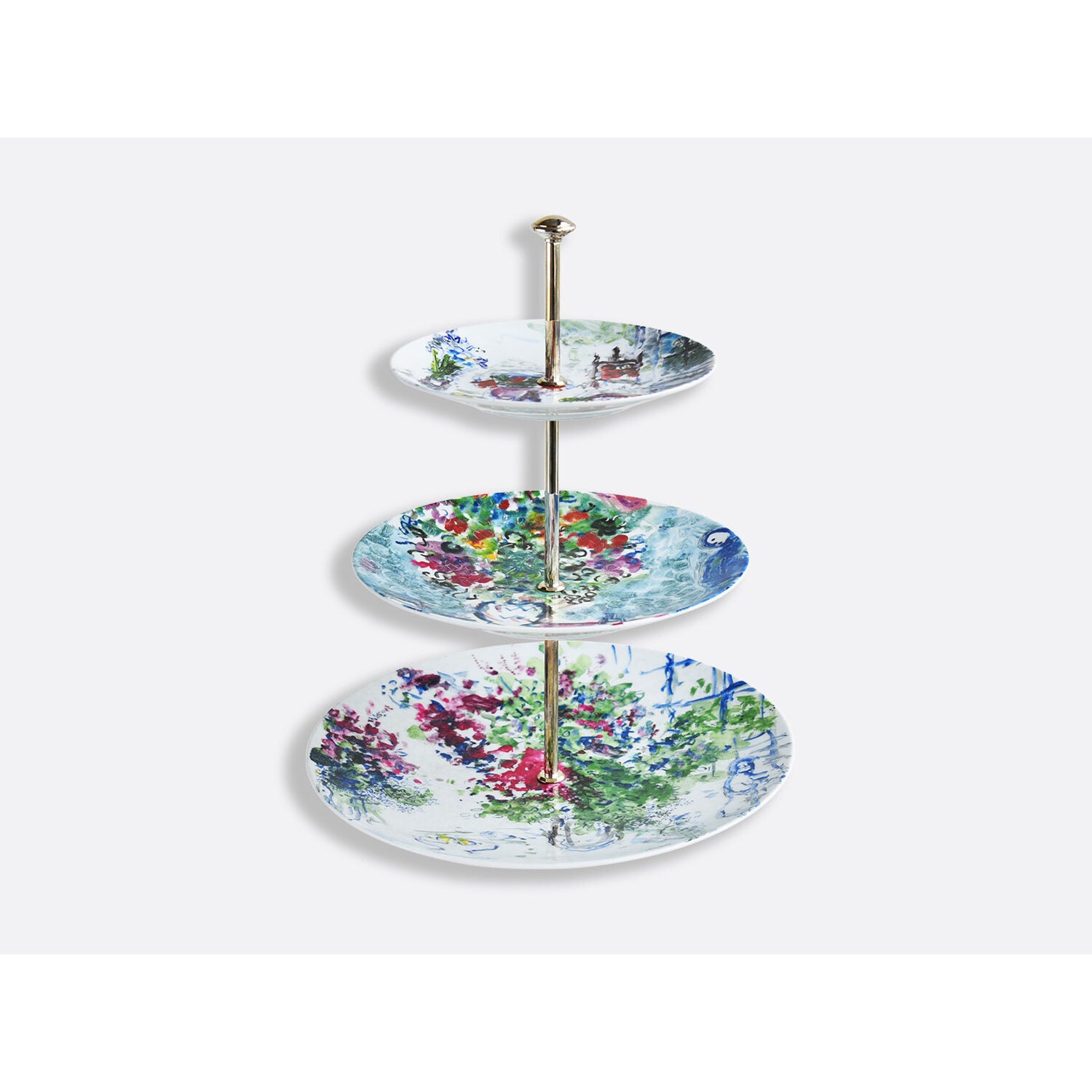 Bernardaud 3-tier tray, Limoges porcelain, Les Bouquets de Fleurs - Marc Chagall collection, on a white background