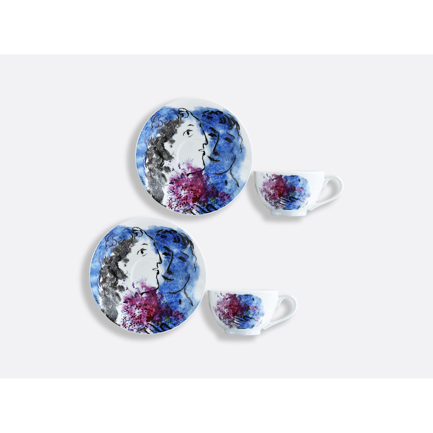 Bernardaud Set of 2 tea cups and saucers 4.5 oz, Limoges porcelain, Les Bouquets de Fleurs - Marc Chagall collection, on a white background