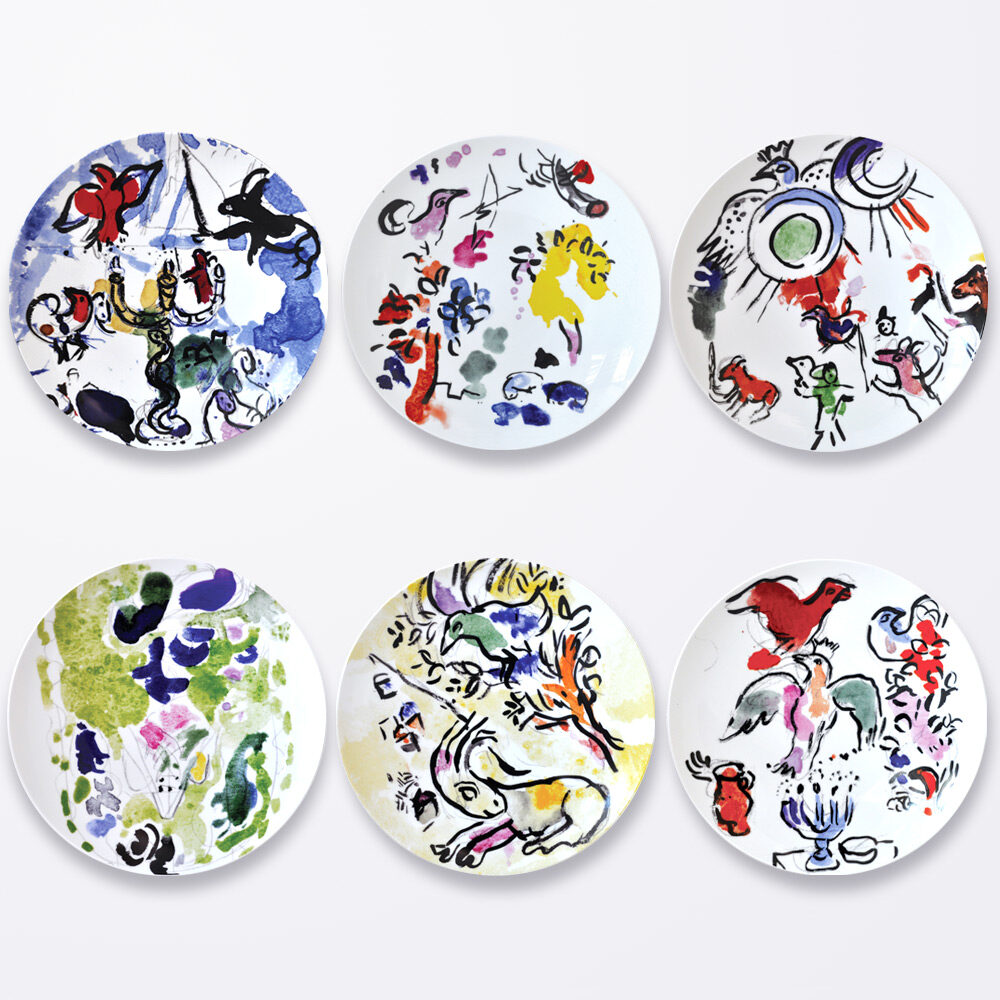 Bernardaud Gift box set of 6 assorted dinner plates 10.6" (serie 1), Limoges porcelain, Les Vitraux D'Hadassah - Marc Chagall collection, on a white background