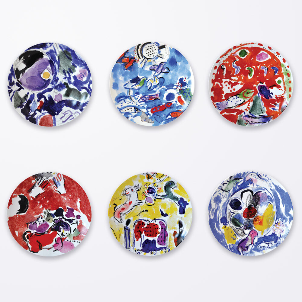 Bernardaud Gift box set of 6 assorted salad plates 8.3" (serie 2), Limoges porcelain, Les Vitraux D'Hadassah - Marc Chagall collection, on a white background