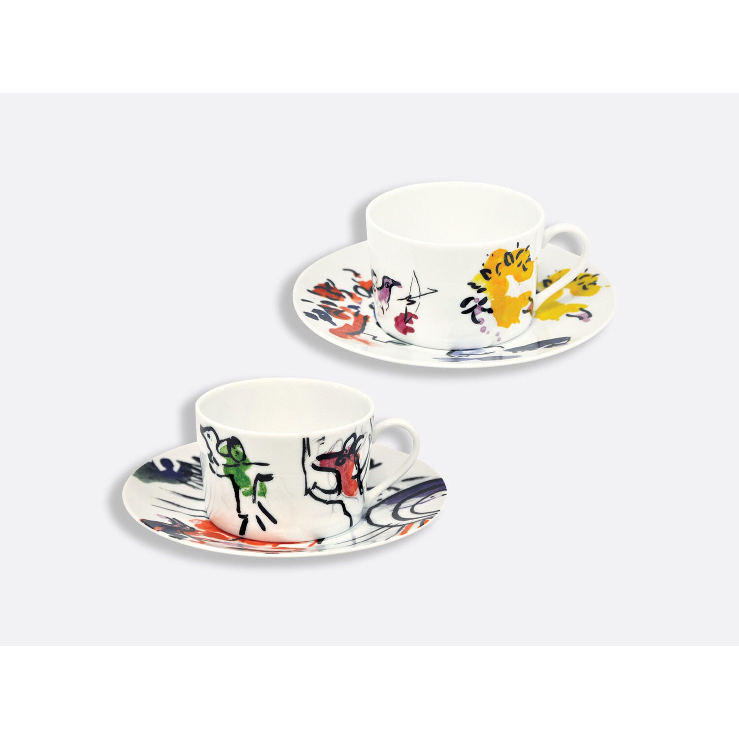 Bernardaud Gift boxed set of 2 assorted breakfast cups and saucers 8.5 oz, Limoges porcelain, Les Vitraux D'Hadassah - Marc Chagall collection, on a white background