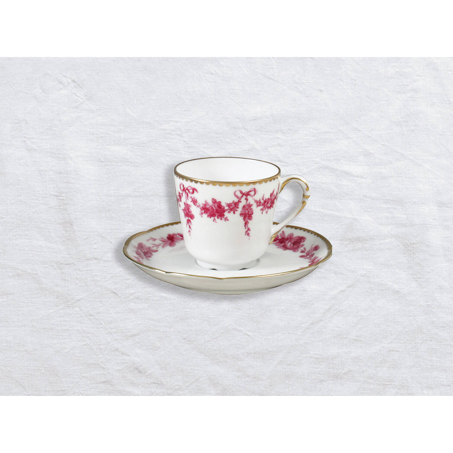 Bernardaud Espresso cup and saucer, Limoges porcelain, Louis XV collection, on a white background
