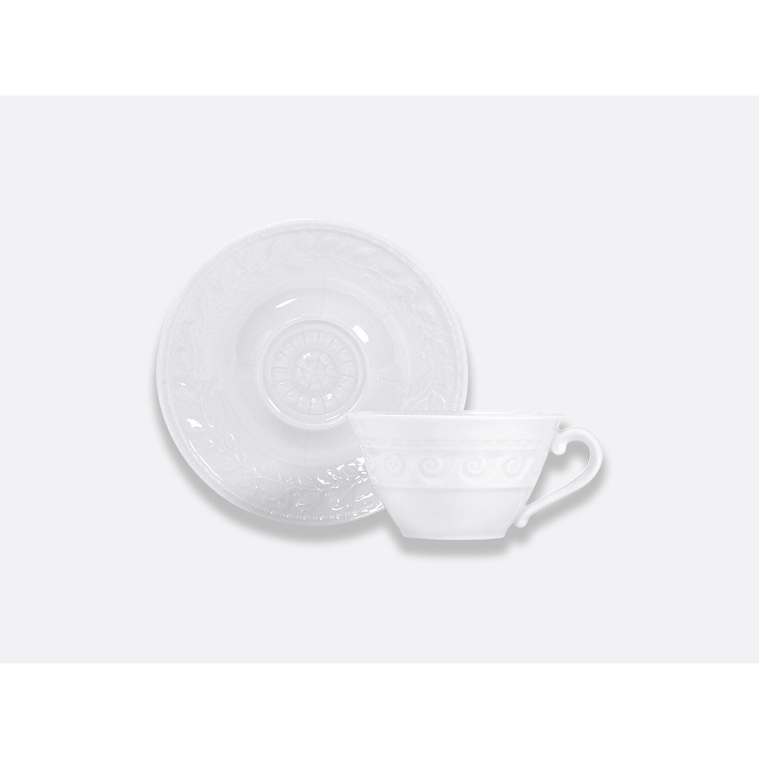 Bernardaud Tea cup and saucer 5 oz, Limoges porcelain, Louvre collection, on a white background
