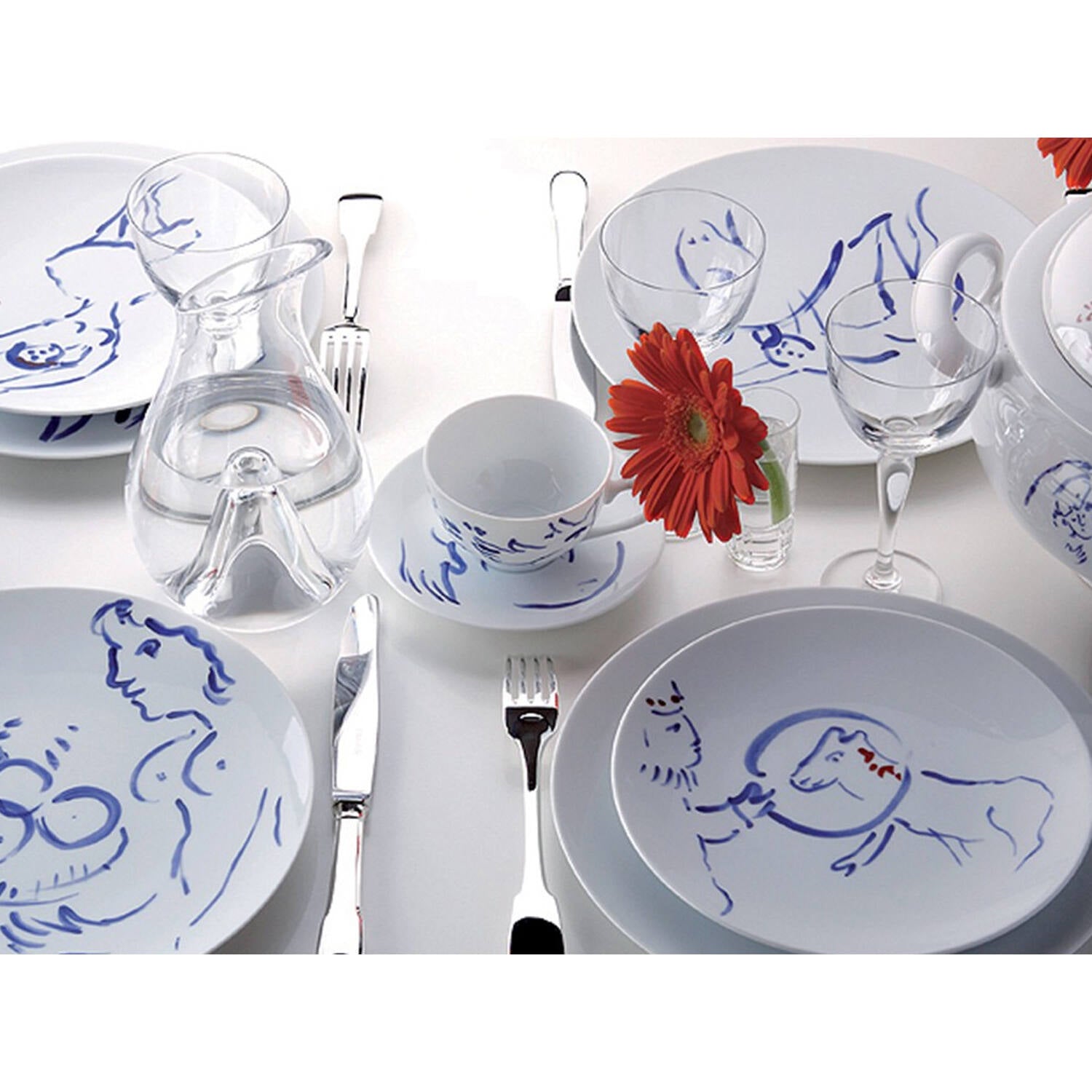 Bernardaud Dinner service for twelve (69 pieces numbered), Limoges porcelain, Marc Chagall collection, on a white background