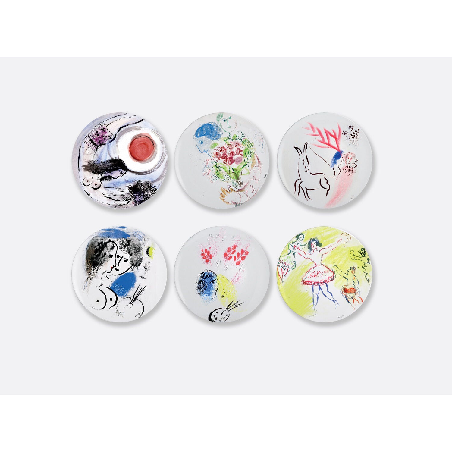 Bernardaud Gift box set of 6 dinner plates 10.5", Limoges porcelain, Marc Chagall collection, on a white background