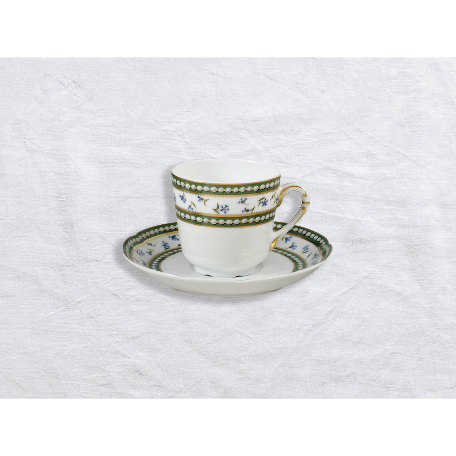 Bernardaud Espresso cup and saucer, Limoges porcelain, Marie-Antoinette collection, on a white background