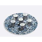Bernardaud Round platter 15" & 6 platinum cups 2.5 oz, Limoges porcelain, Mehdi Quotbi collection, on a white background
