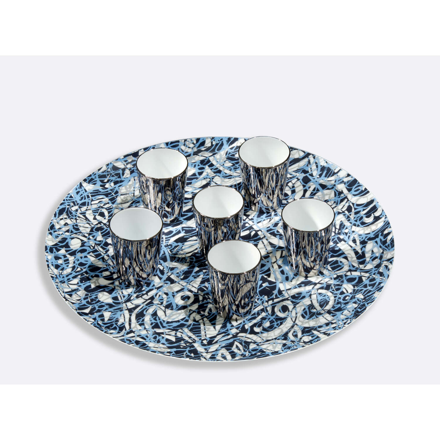 Bernardaud Round platter 15" & 6 platinum cups 2.5 oz, Limoges porcelain, Mehdi Quotbi collection, on a white background