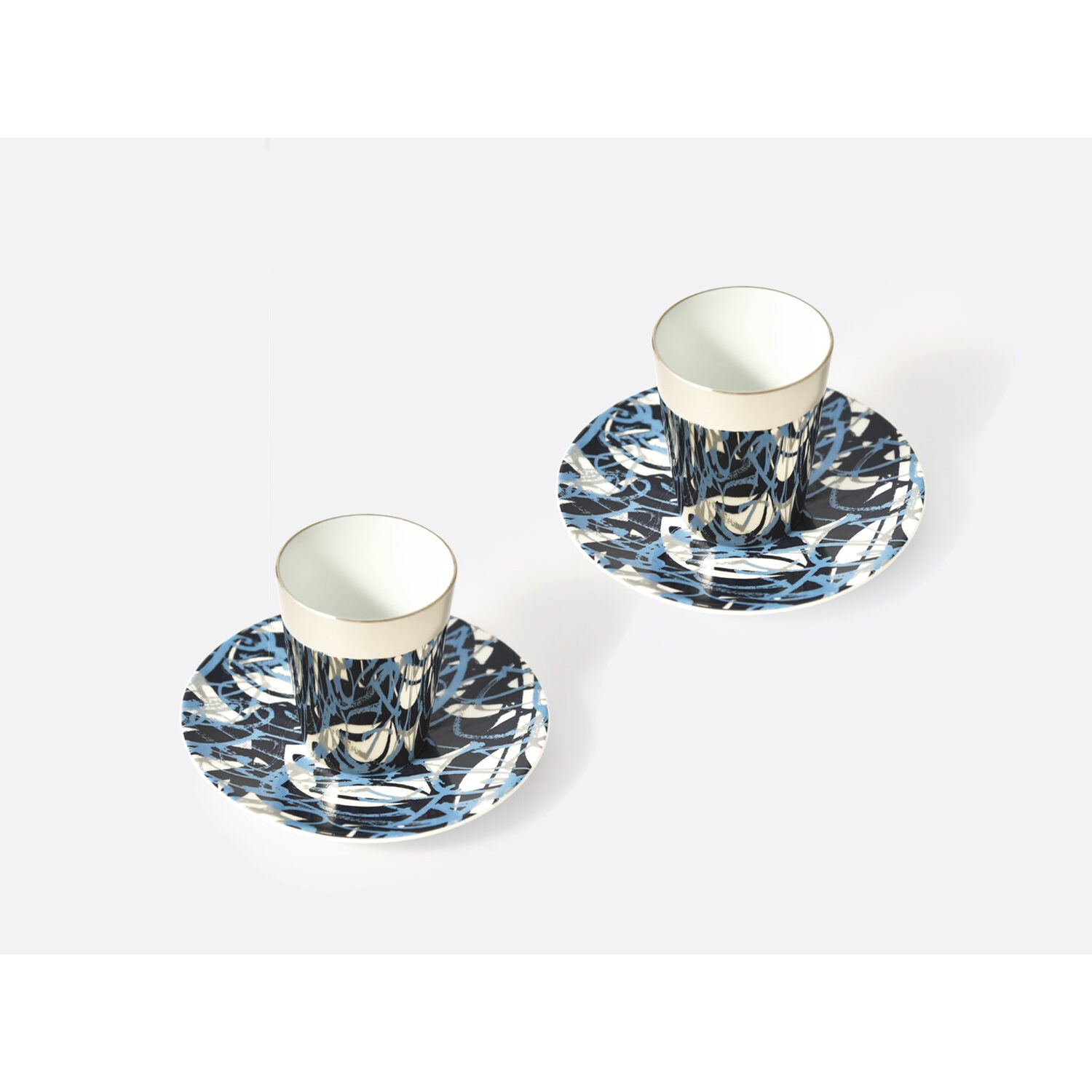 Bernardaud Set of 2 espresso cups and saucers 2.5 oz, Limoges porcelain, Mehdi Quotbi collection, on a white background