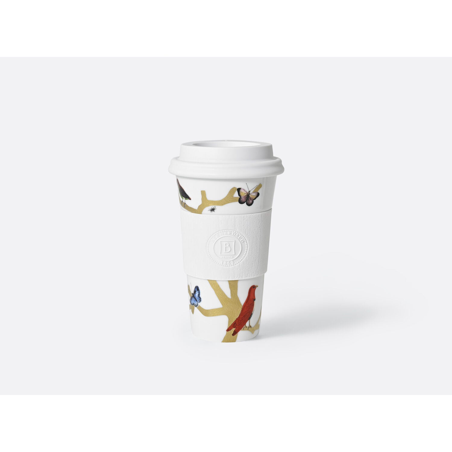 Bernardaud Nomad mug 16 oz Aux Oiseaux, Limoges porcelain, Mugs collection, on a white background