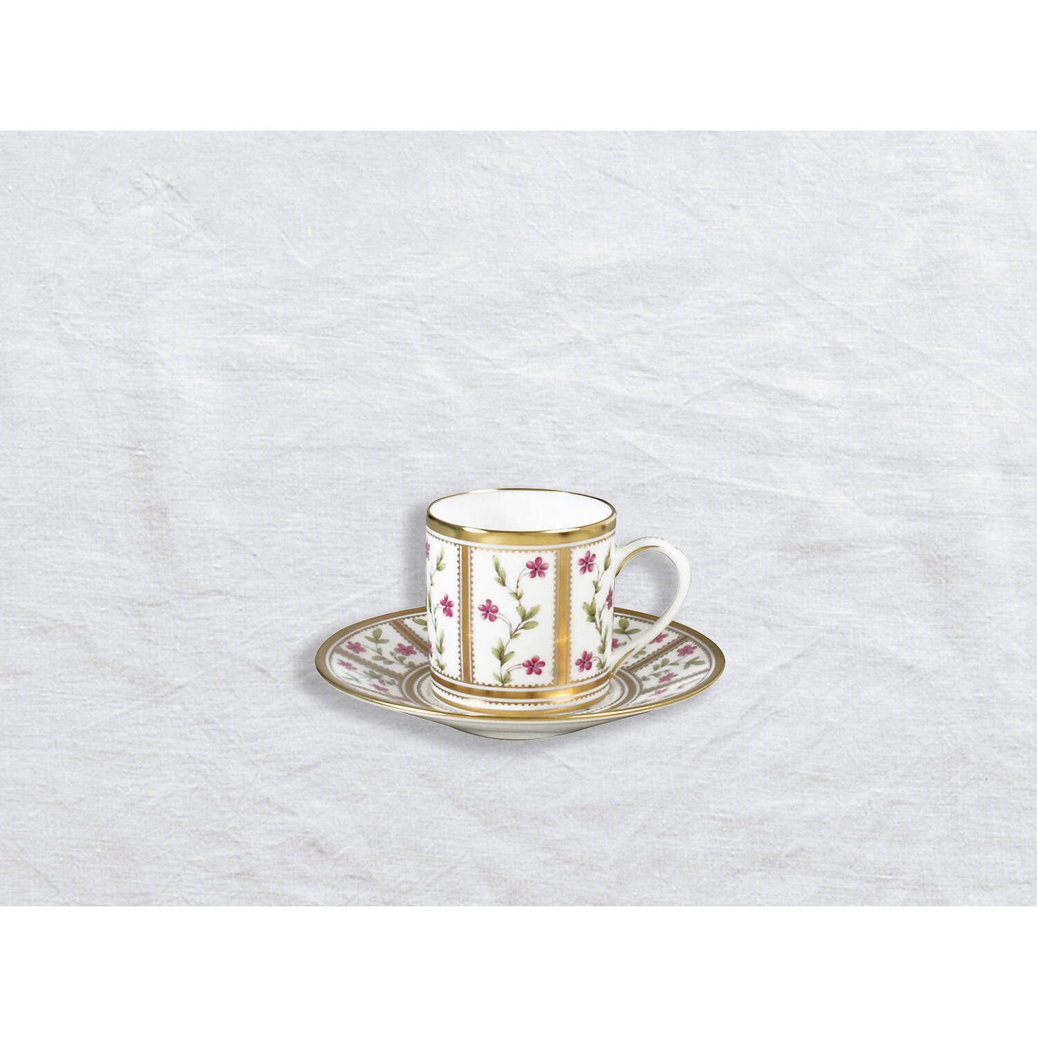 Bernardaud Espresso cup and saucer, Limoges porcelain, Roseraie collection, on a white background