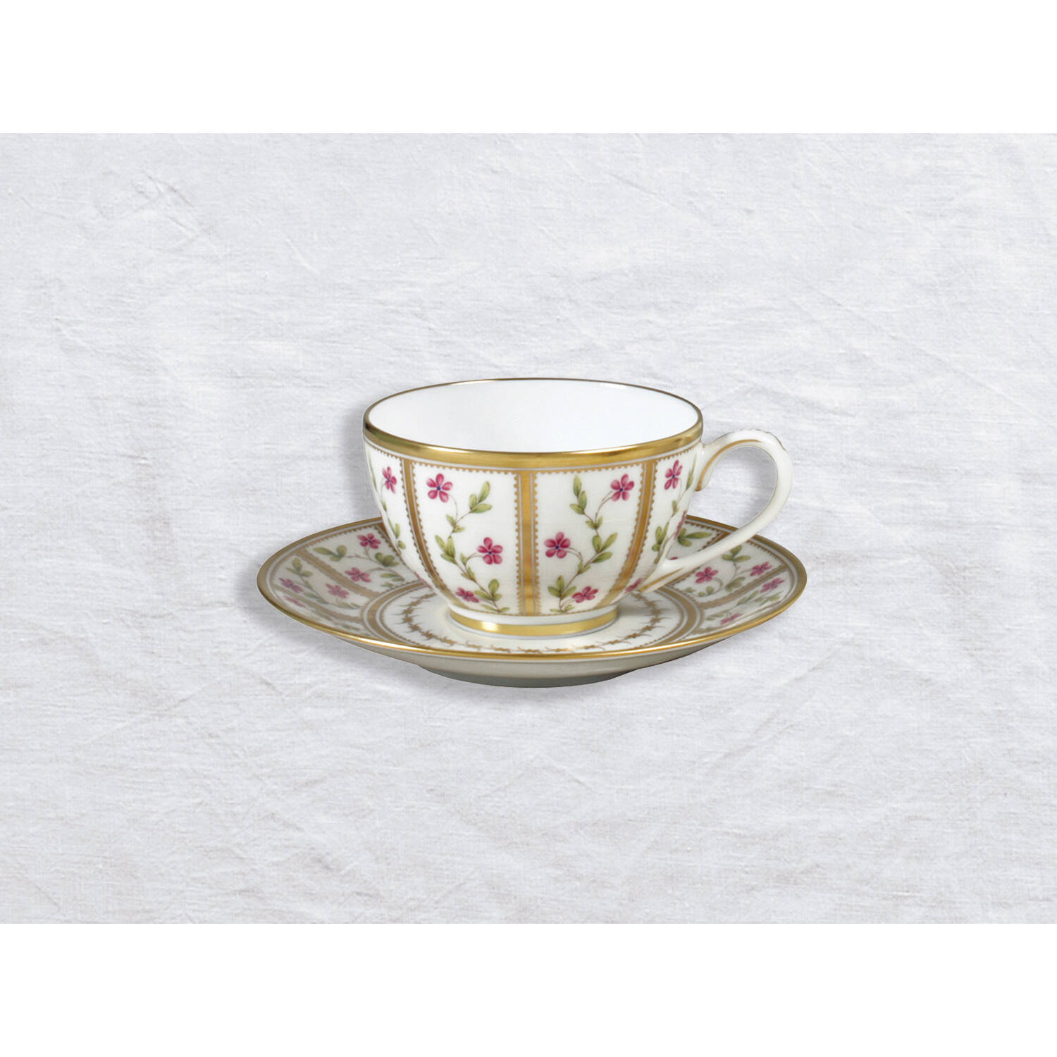 Bernardaud Tea cup and saucer, Limoges porcelain, Roseraie collection, on a white background