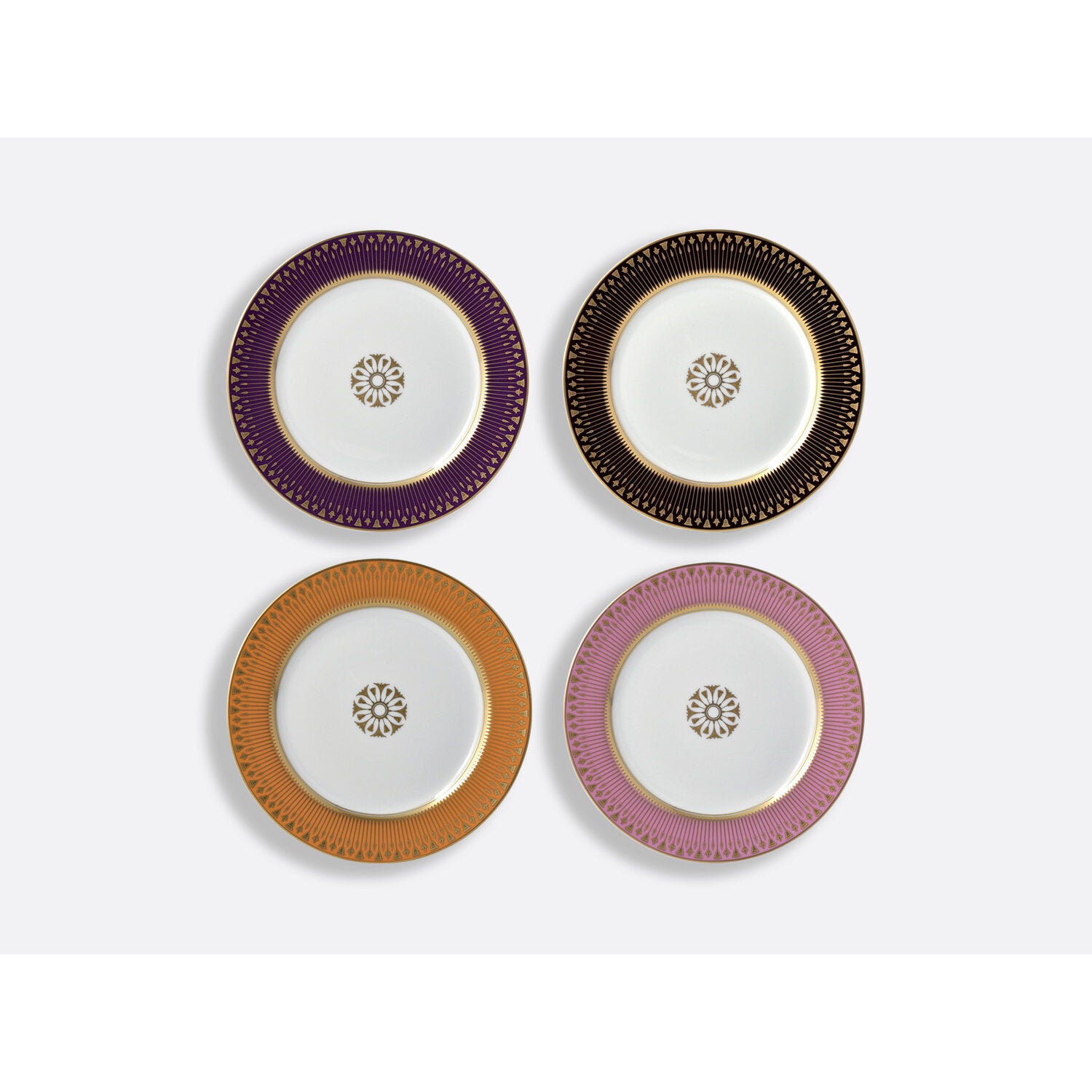 Bernardaud Gift box set of 4 assorted salad plates 8.3", Limoges porcelain, Soleil Levant collection, on a white background