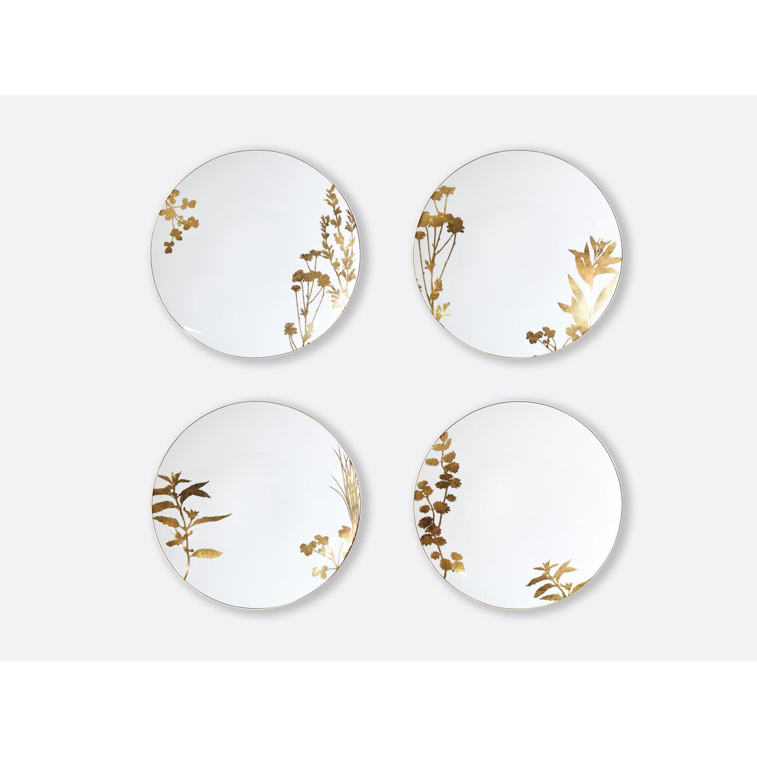 Bernardaud Set of 4 assorted dinner plates 10.6", Limoges porcelain, Végétal Or collection, on a white background