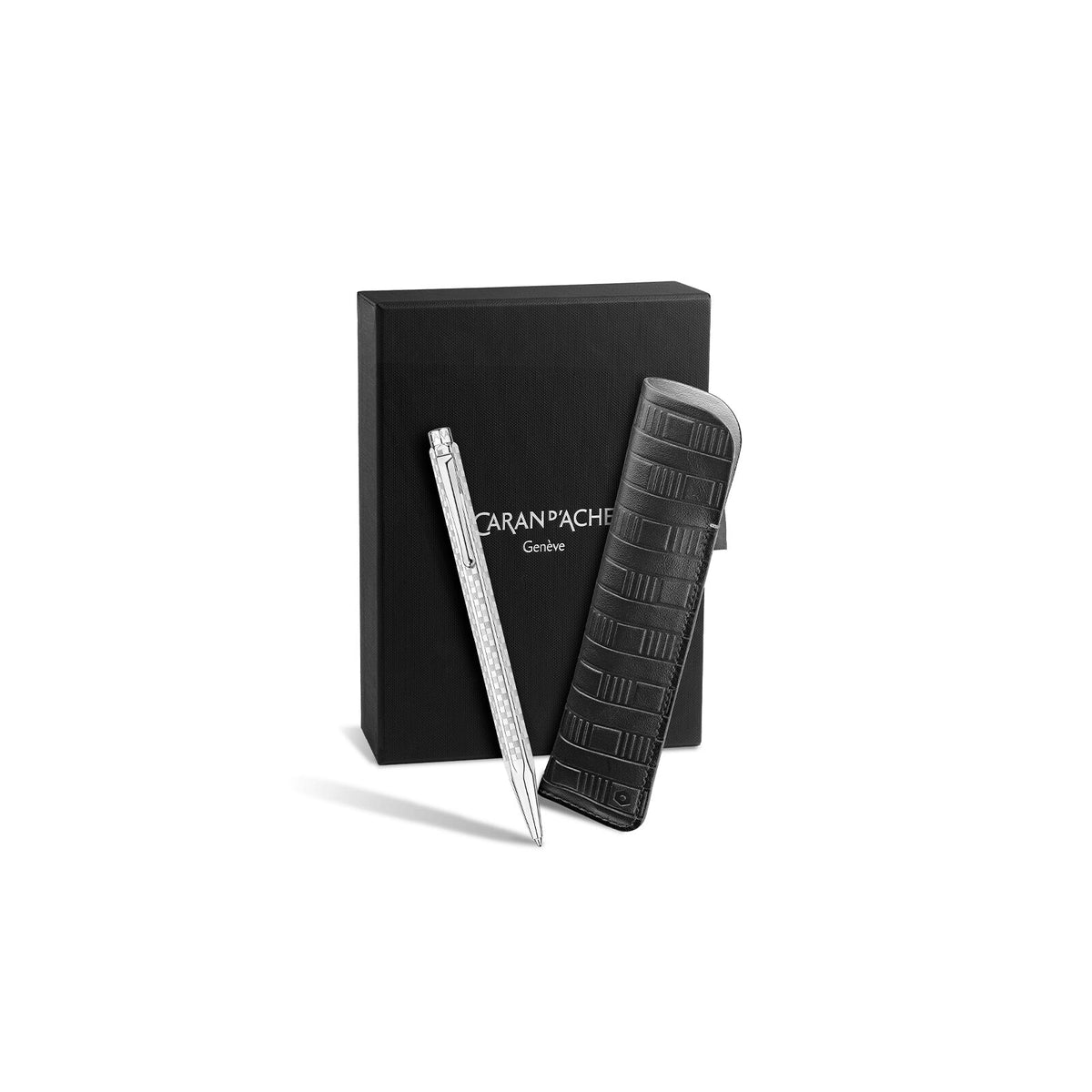 Caran d'Ache Ecridor Damier Gray Silver Ballpoint Pen & Leather Case Set, detail view 4
