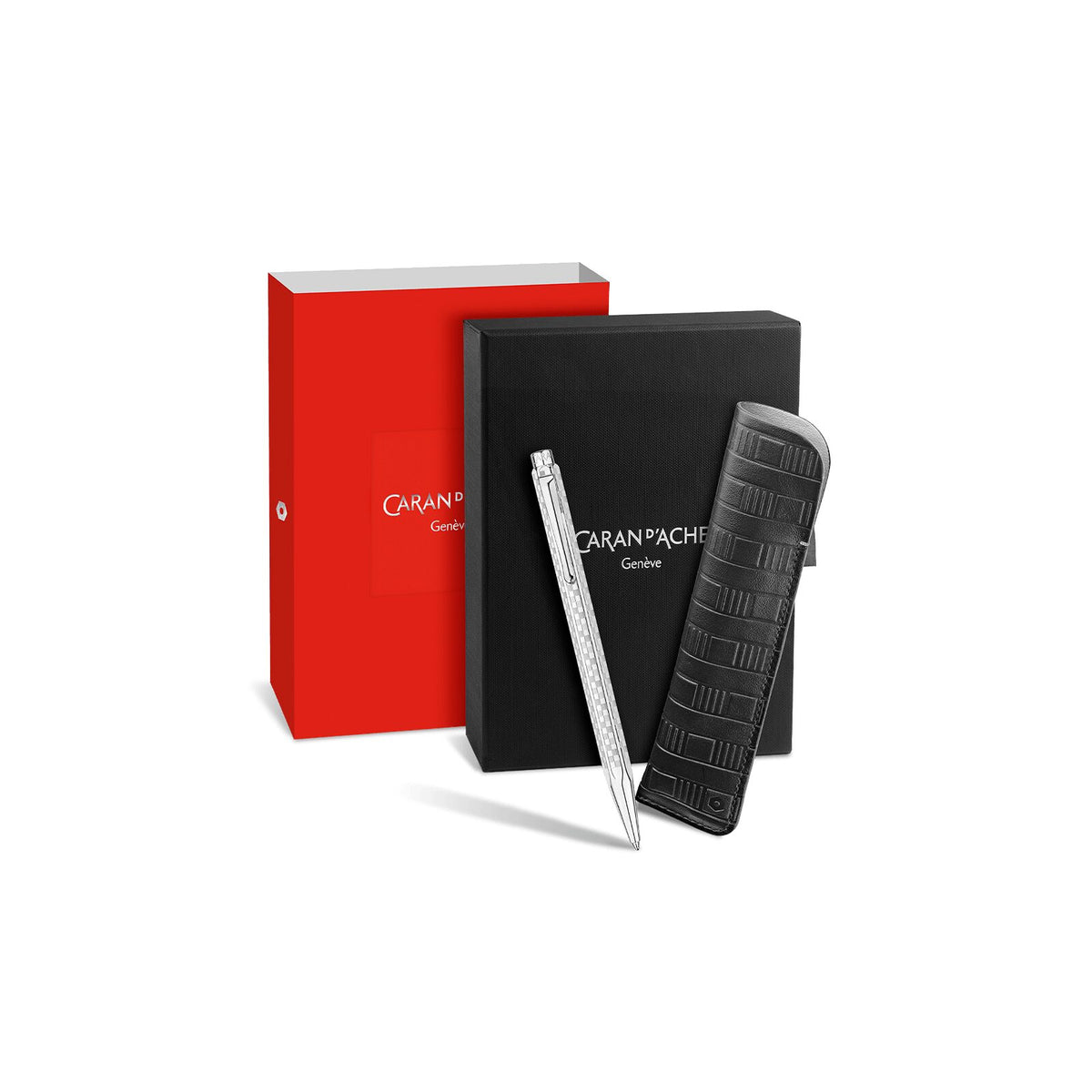 Caran d'Ache Ecridor Damier Gray Silver Ballpoint Pen & Leather Case Set, detail view 5