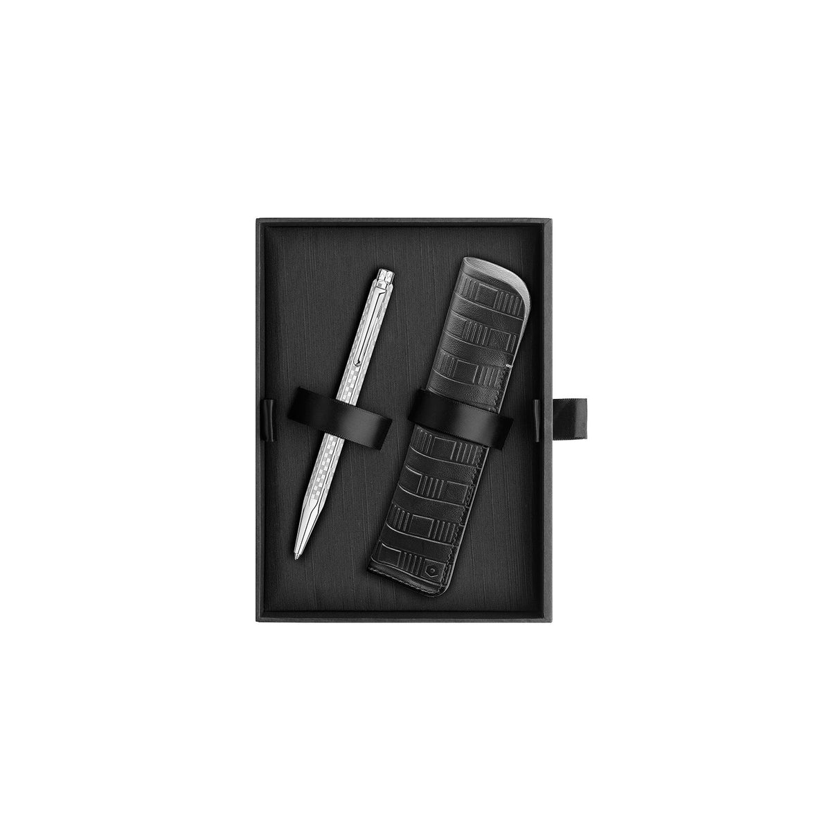 Caran d'Ache Ecridor Damier Gray Silver Ballpoint Pen & Leather Case Set, detail view 7