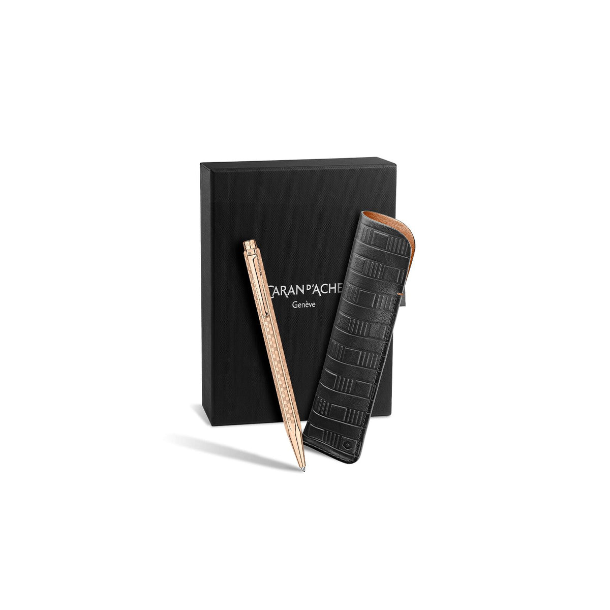 Caran d'Ache Ecridor Damier Rose Gold Ballpoint Pen & Leather Case Set, detail view 4