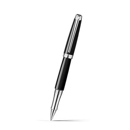 Caran d'Ache Léman Ebony Black Roller Pen, Silver-Plated, Rhodium-Coated on a white background