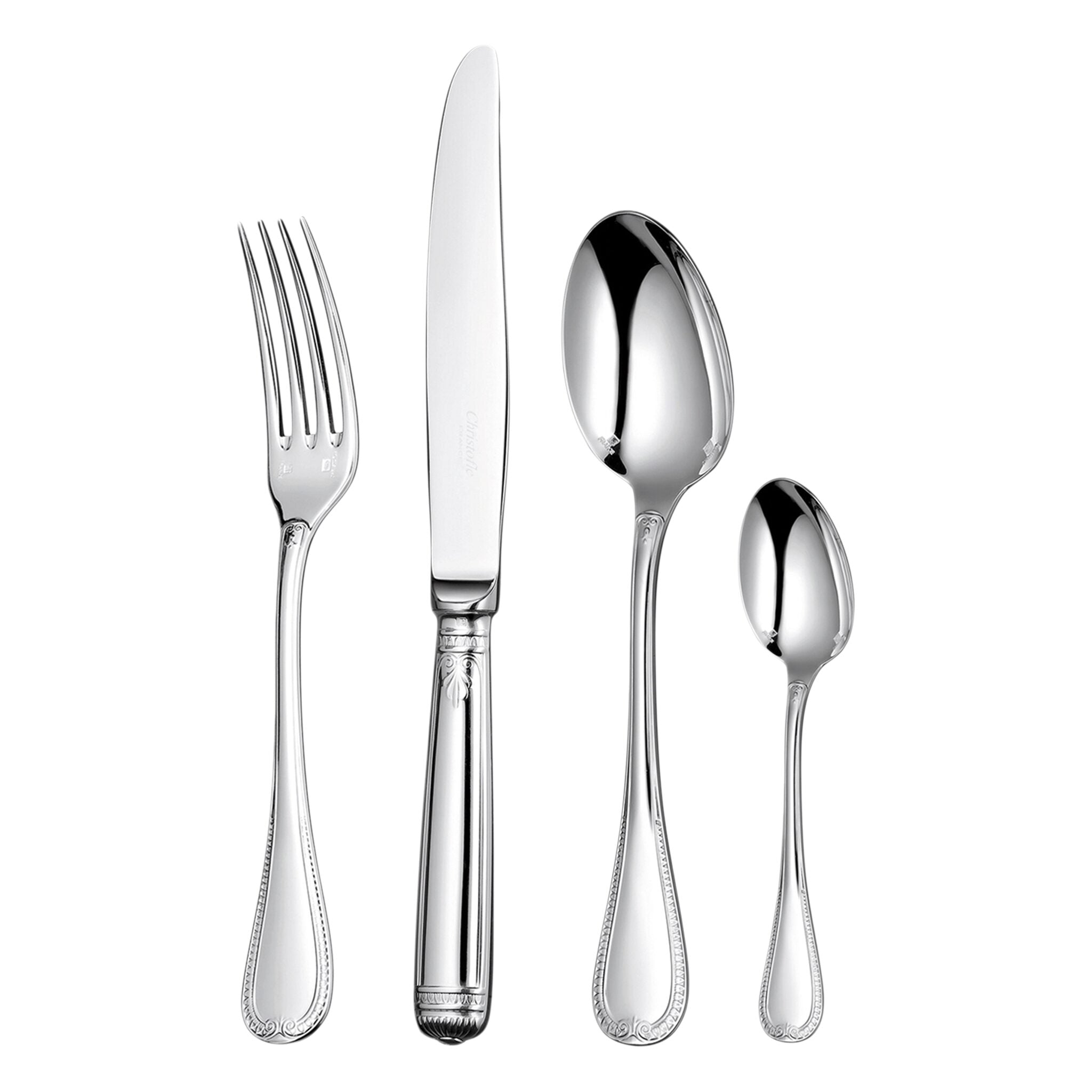 Christofle Malmaison 4-Piece Silver Plated Flatware Set in silver-plate on a white background