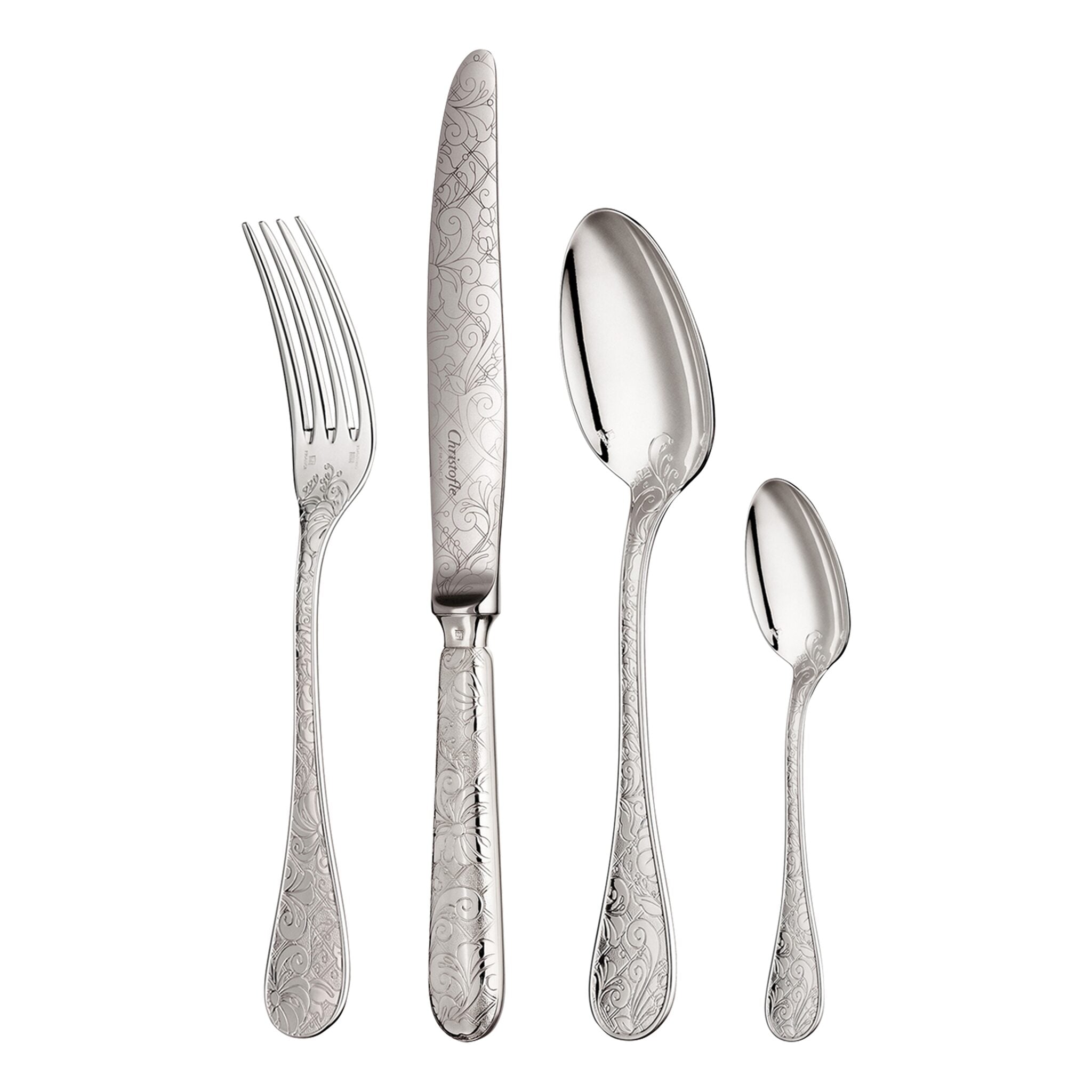 Christofle Jardin d'Eden Silver-Plated 4-Piece Flatware Set in silver-plate on a white background