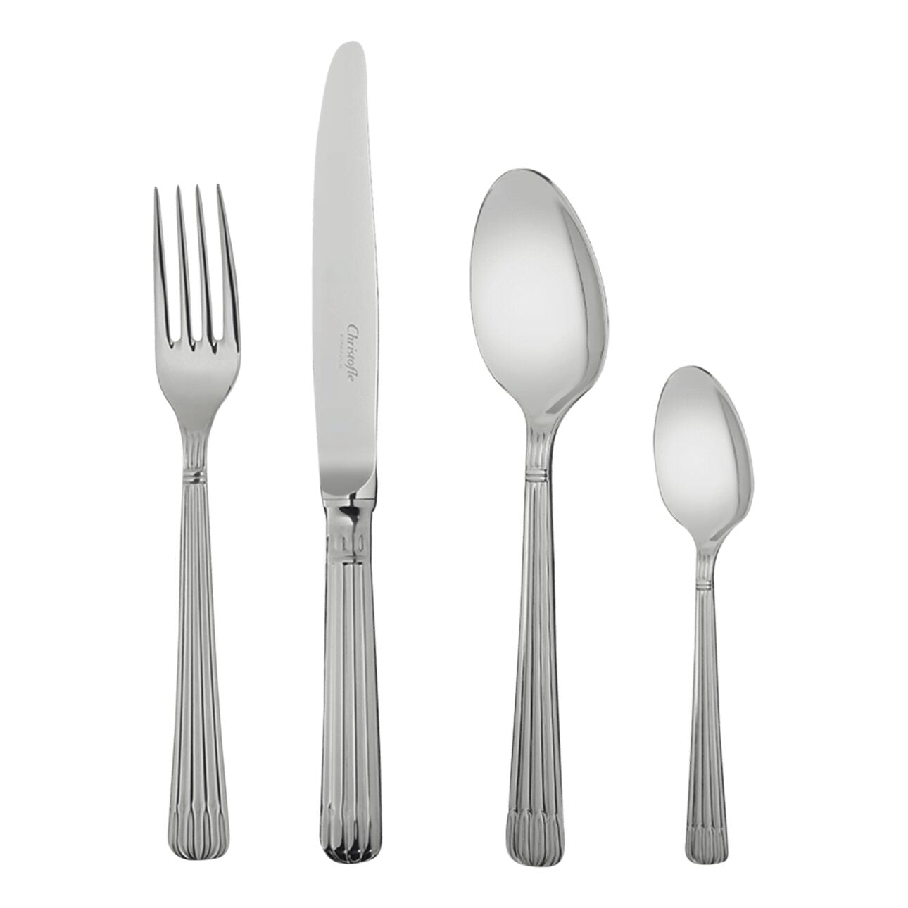 Christofle Osiris 4-Piece Stainless Steel Flatware Set in stainless steel on a white background