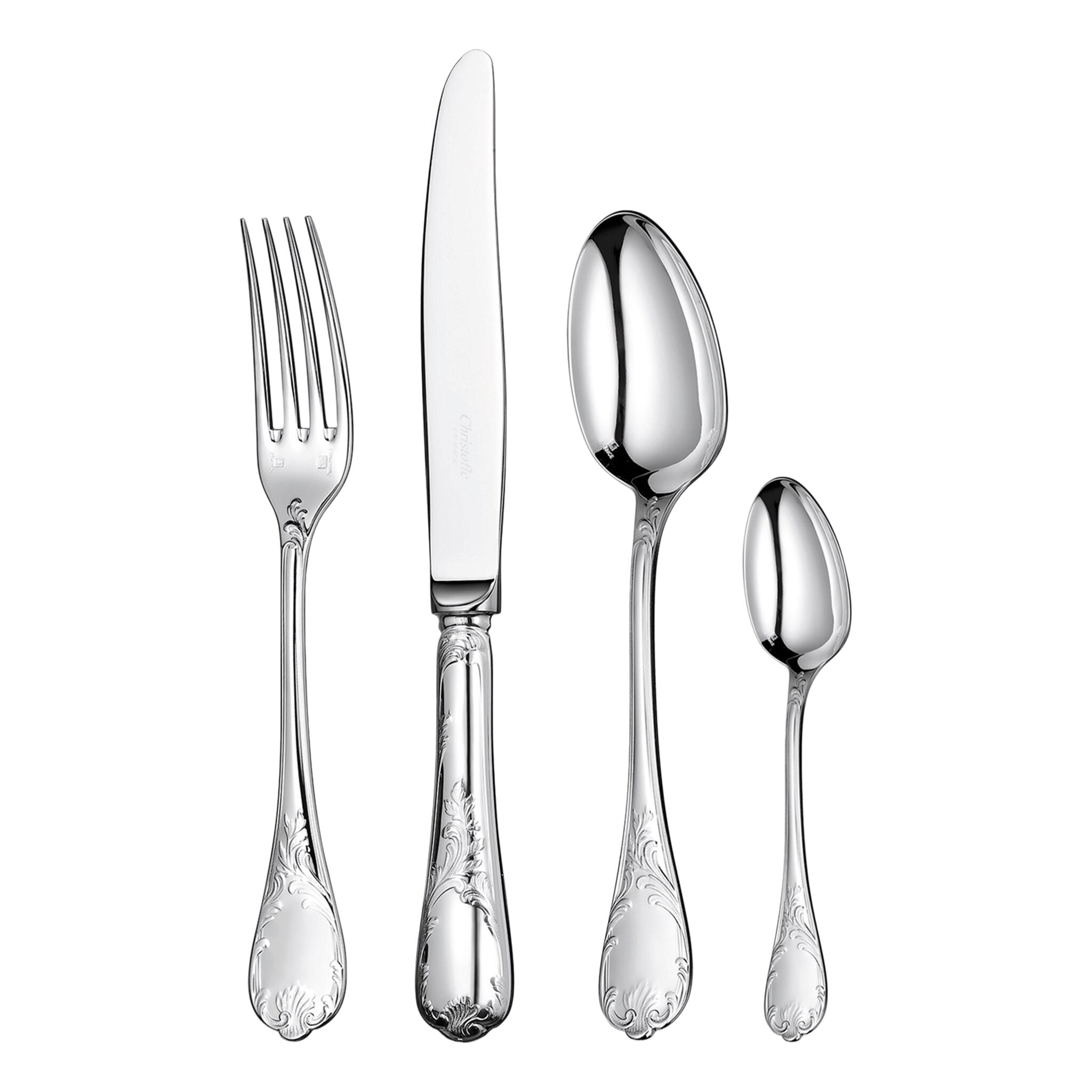 Christofle Marly 4-Piece Sterling Silver Flatware Set in sterling silver on a white background