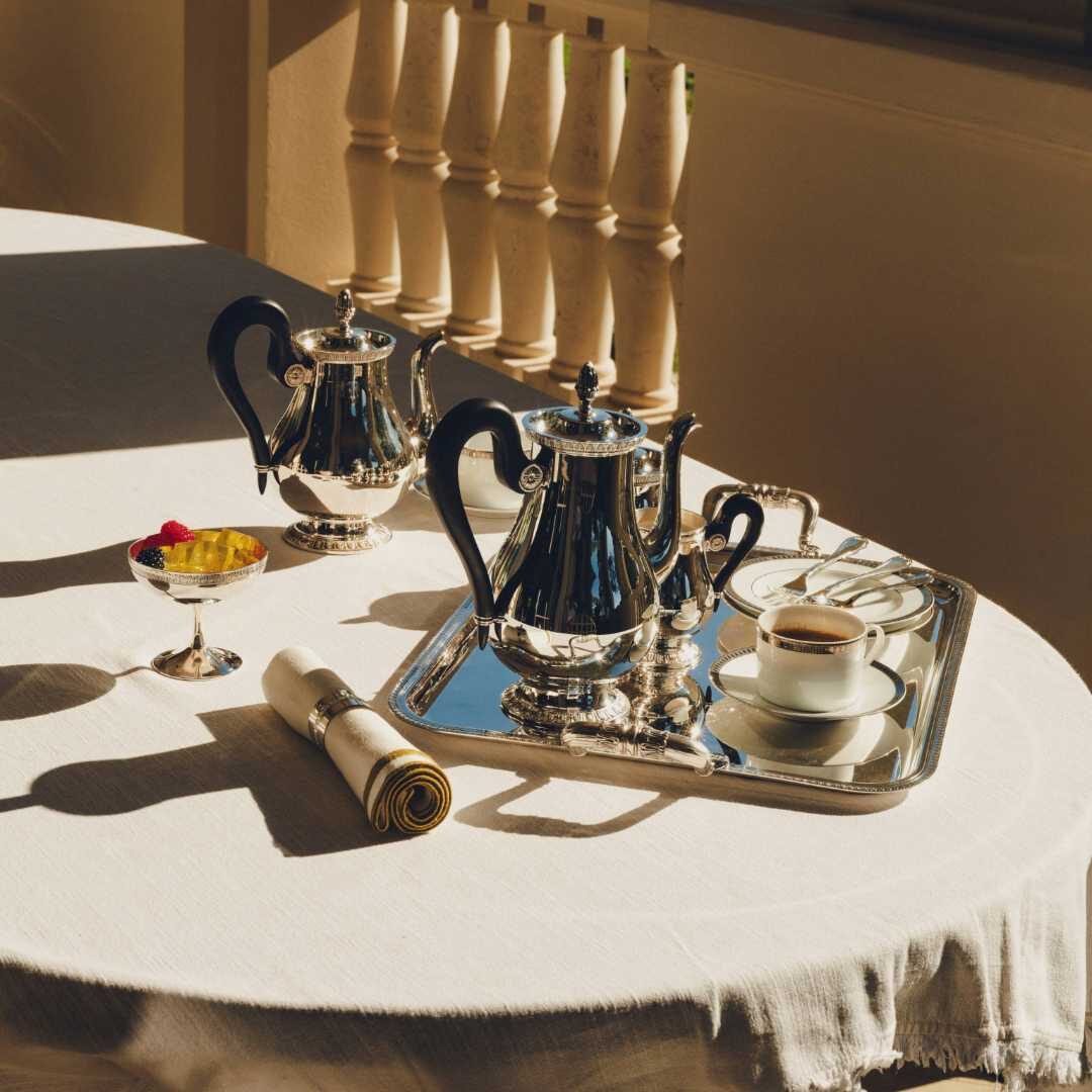 Christofle Malmaison Silver-Plated Eight-Cup Coffeepot in silver-plate on a white background
