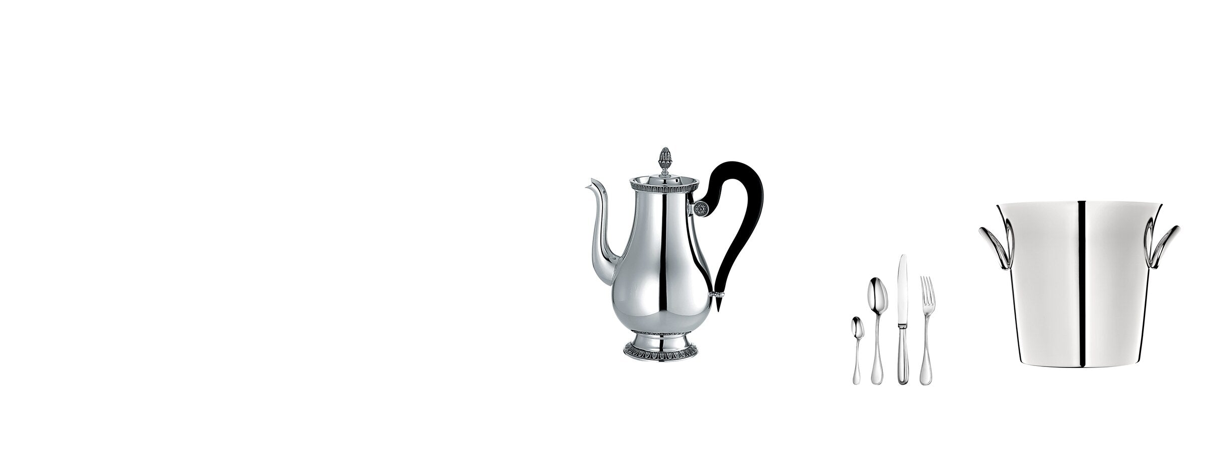 Christofle silver — Malmaison coffee pot, silver-plated flatware and Vertigo champagne bucket