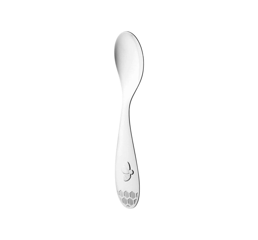 Christofle Beebee silver-plated baby spoon with a raised bumblebee motif on the handle.