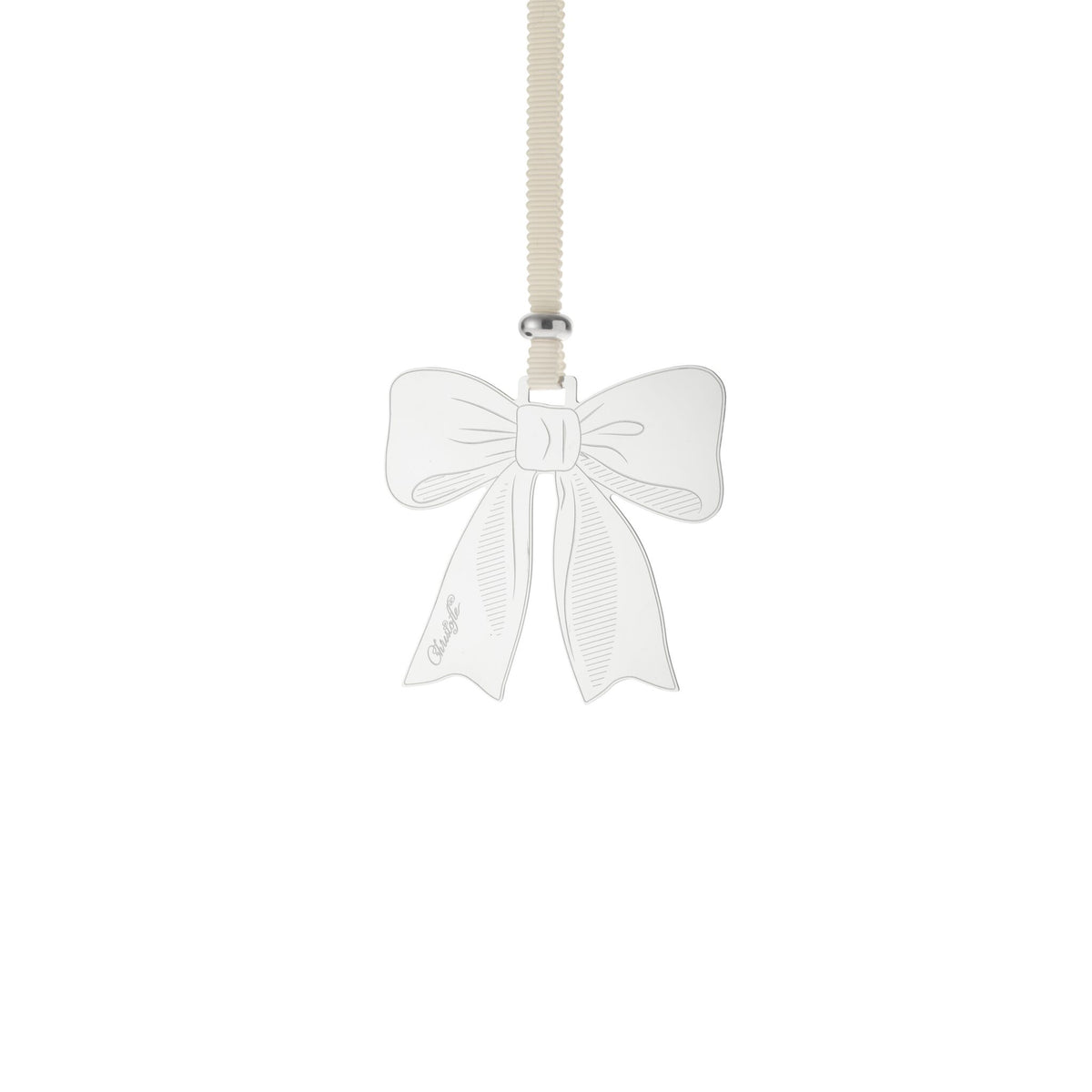 Christofle Sous le Sapin Stainless Steel Bow 2026 Edition Ornament on a white background