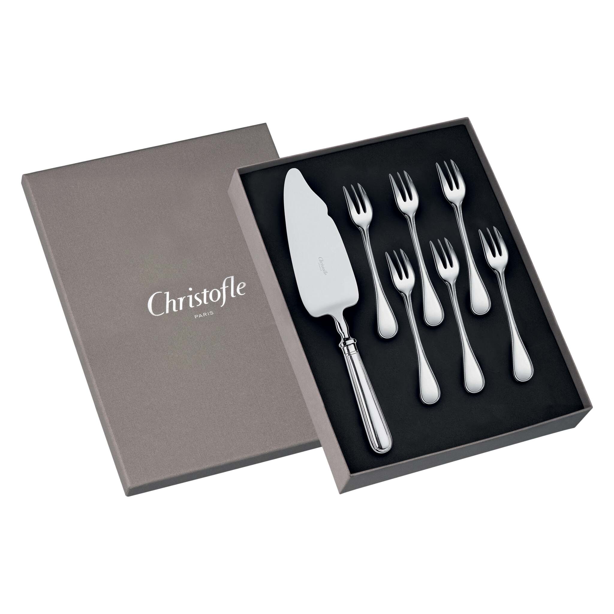 Christofle Albi Cake Set with Server and 6 Dessert Forks in silver-plate on a white background