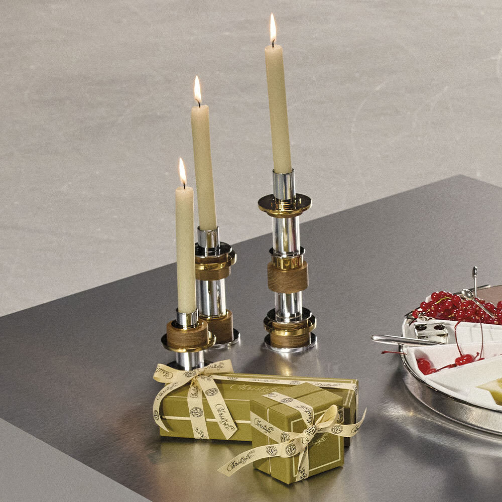 Christofle Large Stainless Steel Candle Holder in stainless steel on a white background