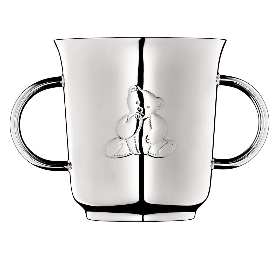 christofle charlie bear baby cup with two handles with a bear etched on it