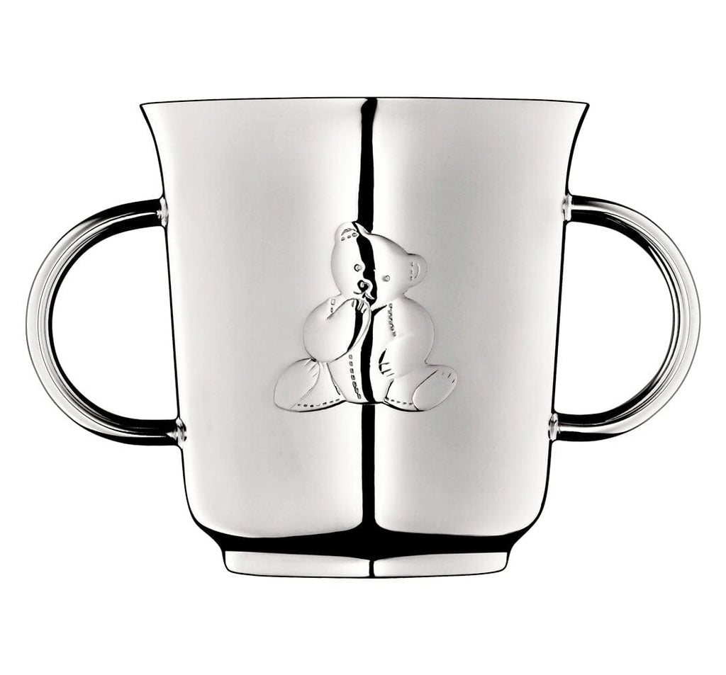 christofle charlie bear baby cup with two handles with a bear etched on it